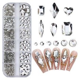 Unikato Rhinestone Nail Stone Nail Parts Stone Nail Stone 3D Flat Bottom Diamond Heart Rectangle Round Nail Art Parts Crystal AB Rhinestone (White)