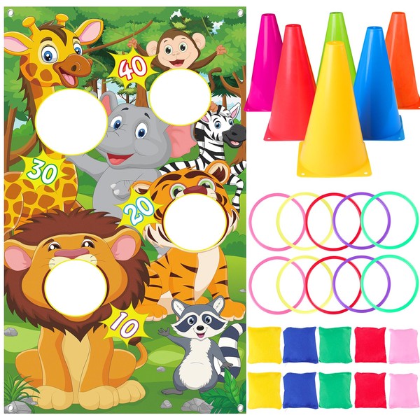Hooqict Carnival Games 4 in 1 Ring Toss Game for Kids Animal Banner Bean Bag Outdoor Birthday Party Game Jungle Safari Birthday Decorations Field Day Yard Lawn Games Supplies