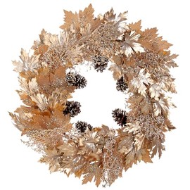 SilksAreForever 30" Glittered Metallic Artificial Maple Leaf, Pinecone & Twig Wreath -Gold/Brown (Pack of 2)