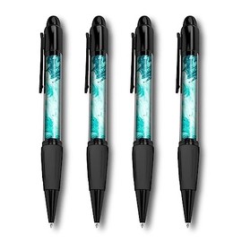 Set of 4 Black Ballpoint Pens (Photo Insert) - Teal Aqua Ink Art Marble Effect - Soft Feel Finger Grip #53471