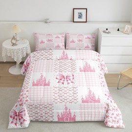 Manfei Princess Castle Comforter Set,Dreamy Bow-tie Bowknot Fairy Tale Kawaii Bedding Set for Kids Teens Bedroom,Pink White Geometric Plaids Patchwork Quilt Set 2 Pcs with 1 Pillowcase,Twin