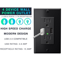 EverElectrix 2-Pack 4.8A Black Wall Outlet with USB Ports 15Amp Duplex USB Wall Outlets Tamper Resistant USB Outlet Charger, UL Listed, Electrical Outlet with Dual USB Ports, Black USB Receptacles