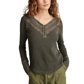 Lucky Brand Women's Embroidered Mesh Yoke Henley, Meteorite