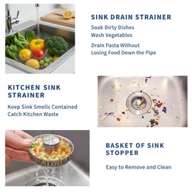 3-in-1 Kitchen Sink Drain Strainer, Pop Up Sink Stopper with Anti-Clogging Basket, 304 Stainless Steel Kitchen Sink Drain Strainer, Food Catcher for US Standard 3-1/2 inch Drain Hole