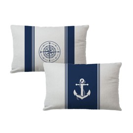 7COLORROOM 2Pack Nautical Sailing Throw Pillow Cover Navy Blue with Anchor/Compass Pattern Rectangular/Waist Cushion Cover Ocean Beach Home Decor Pillowcases 12"×20",for Sofa Couch Patio (12"×20")