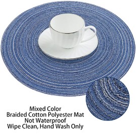 Leegood 15Inch Round Placemats for Dining Table - Heat-Resistant Non-Slip Polyester Ramie Blend, Oil-Proof Reusable Easy-Clean Kitchen Mats for Home & Restaurant (6-Pack) (Blue)