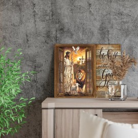 Jesus Wall Art Christian Lion and Lamb Canvas Wall Art Decor Religious Bible Verse Be Still and Know That I Am God Pictures Scripture Quotes Print Framed Artwork for Living Room Bedroom 12"X16"