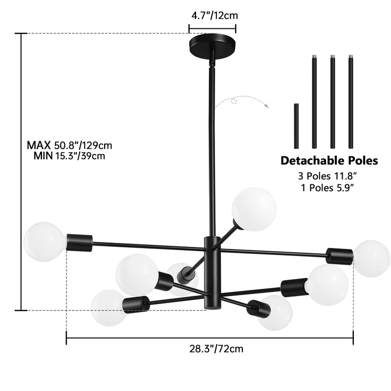 RUIYEY Modern Sputnik Chandeliers Light, 8-Light Black Chandeliers for Dining