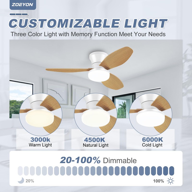 ZOEYON Small White&Wood Ceiling Fan with Light - 35 Inch