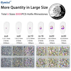 Bymitel Hotfix Crystal Rhinestones Round Gems for Crafts,Mixed 6 Sizes with Wax Pencil Kit, Crystal AB 1.6-6.3mm SS4-SS30/8000pcs