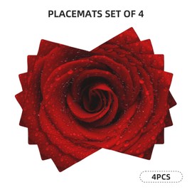 XALOGEER Floral Placemats Set of 4 Valentine Big Red Rose with Water Droplets Linen Washable Place Mats Rectangle Cloth Table Mat for Kitchen Wedding Romantic Night Anniversary Party, 12x18 inch