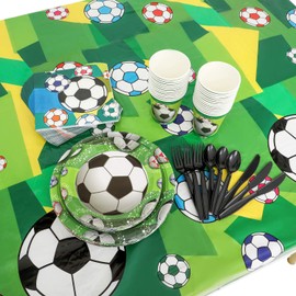 DUOCUTE Soccer Party Supplies 102PCS Sports Themed Children Birthday Paper Dinnerware Set Includes 9" Plates, 7" Plates, Cups, Napkins, Tablecloth and Banner, Serves 25