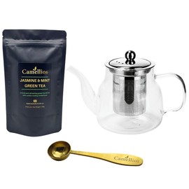 Loose Leaf Tea Set, Gift Set with Heat Resistant Teapot, Tea Measuring Spoon, 100g Loose Leaf Tea, Camellios (Jasmine and Mint Green Tea)