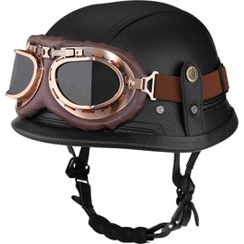 Yesmotor Motorcycle Half Helmet Retro German Handmade Leather Half Face Quick Release Buckle & Goggles - DOT Approved (Black, 2XL)