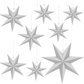 Haconba 8 Pack 7-Pointed 3D Paper Stars White Hanging Paper Star for Christmas Wedding Birthday Holiday Party Hanging Decor, 4 Size