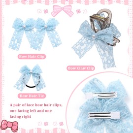 HAIMEIKANG Lace Hair Bow Clips for Girls - Pearl Tulle Bow Claw Clips Hair Ties Pins Hair Barrettes with Bow Accessories Variety Style for Women Girls Teens Kids Set of 4 (Blue)