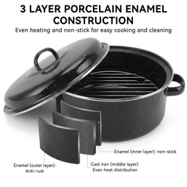 Black Enameled Steel Round Roaster Pot with Iron Lid and Rack, Nonstick