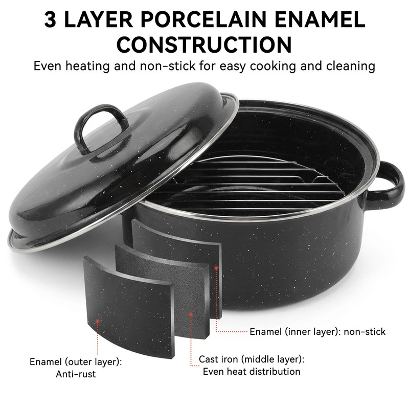 Black Enameled Steel Round Roaster Pot with Iron Lid and