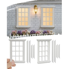 iLAND Dollhouse Windows Classic White Square Grid Frame w/Acrylic Panels, DIY 1/12 Scale Accessories Wooden Dollhouse Building Supplies, Complete Miniature Window Kit, Vintage Doll House Decor