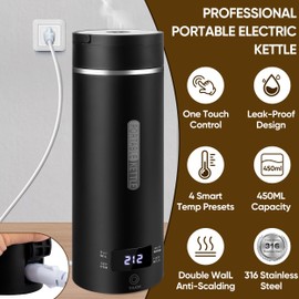 Travel Electric Kettle Portable Small Hot Water Boiling Tea Coffee Warmer Heater 450ML, 316 Stainless Steel, 4 Temperature Presets LCD Display Fast Boiler & Auto Shut-Off & Boil Dry Protection (Black)