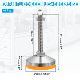 PATIKIL Furniture Leveling Feet 2.4" Dia Base M14 Thread, 4 Pcs Carbon Steel Adjustable Threaded Furniture Levelers Screw on Leg Leveler with Pads for Desk Chair Cabinet, Orange