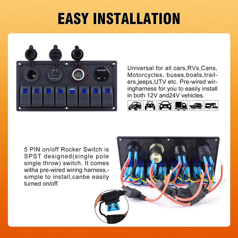 GGTA 8 Gang Marine Boat Switch Panel Waterproof,12V-24volt On-Off Rocker