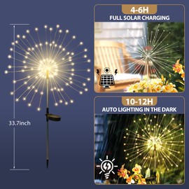 DONGULI Outdoor Solar Garden Lights, 120 LEDs 8 Lighting Modes Waterproof Solar Fireworks Light Sparklers for Patio Walkway Yard Courtyards Pathway Christmas Party Decorations, Colorful(4 Pack)
