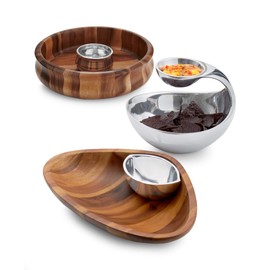 Nambe Nara Acacia Wood Curved Chip & Dip Bowl 13" x 3.5" - Inner Mini Nambe Alloy Dip Bowl