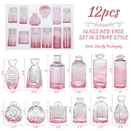 Pink Vase, Glass Bud Vases Set of 12, Small Pink Glass Vases for Flowers Colored Ribbed Flower Vase for Decor Bud Vase in Bulk Vintage Decor Bridal Shower Wedding Centerpieces Home Table Decoration