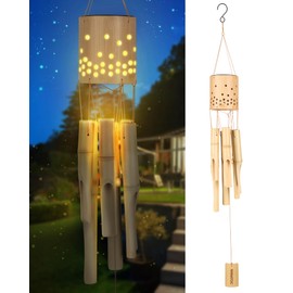 Bamboo Wind Chimes for Outside with Solar Accent Light, Outdoor Wooden Wind Chimes, 6 Bamboo Tubes, Deep Tone, Perfect for Patio, Garden, Porch, and Balcony Decor