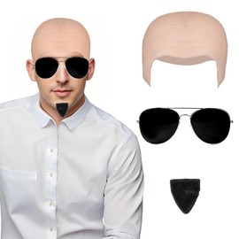 MORTICIA Bald cap with hair cap Fake beard Sunglasses for men Dress up accessories