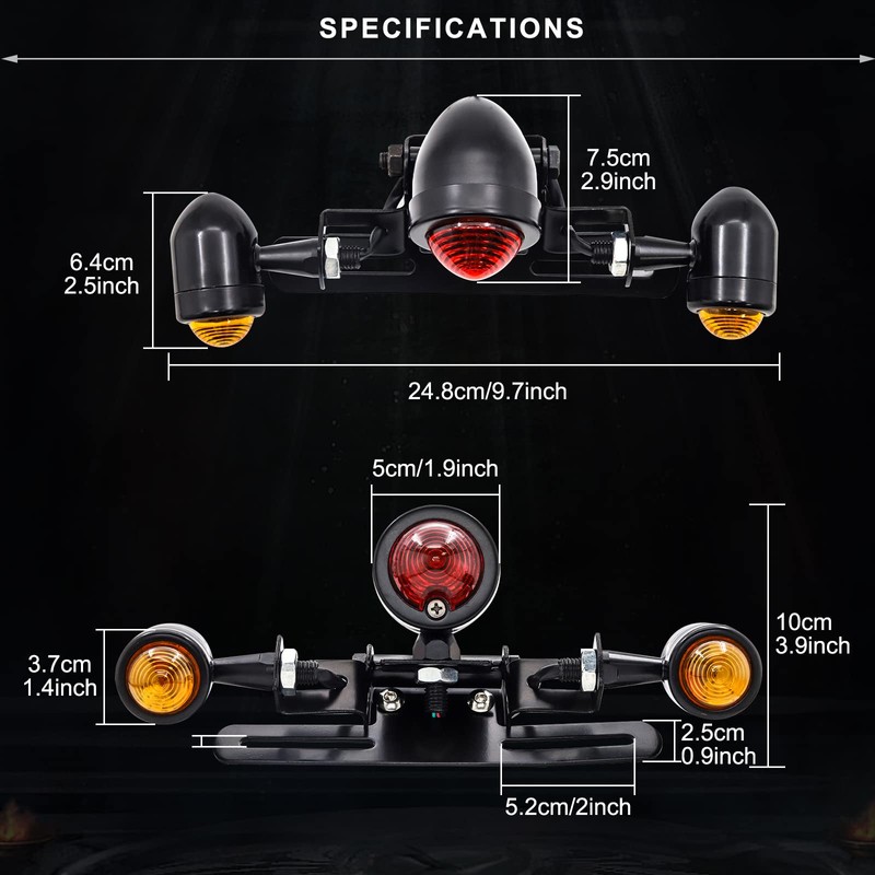 NWpangu 12V Universal Motorcycle Tail Light, 3-Head Bullet Shape Integrated