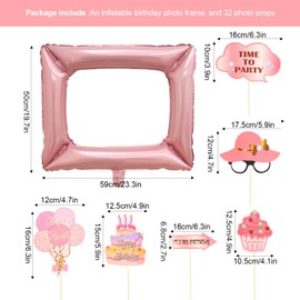 Gold Rose Birthday Selfie Frame,Inflatable Picture Selfie Frame with 33 Pcs Birthday Photo Booth Props for Any Ages,Birthday Frame Props for Girls Boys Ladies Birthday Party Decor