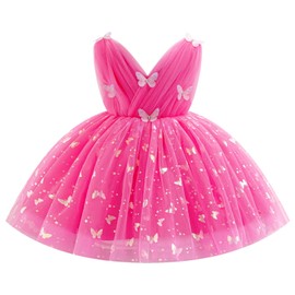 IDOPIP Toddler Baby Girls Shiny Butterfly Tutu Dress Princess Butterfly 1st Birthday Party Dresses Pageant Tulle V-Backless Bow Flower Girl Wedding First Communion Baptism Gown Hot Pink 12-18 Months