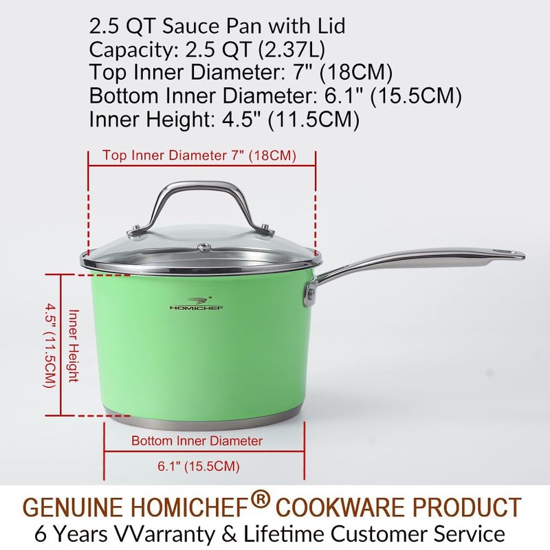 HOMICHEF 2.5 QT Mint Green Nickel Free Stainless Steel Saucepan