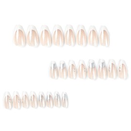 DOCVOEOMH Y2K Press on Nails Short Medium Almond Shaped French White Acrylic Fake Nails with Silver Star Design Glue on Full Cover Artificial Gel False Stick on Nail for Girls Women Wedding 24Pcs