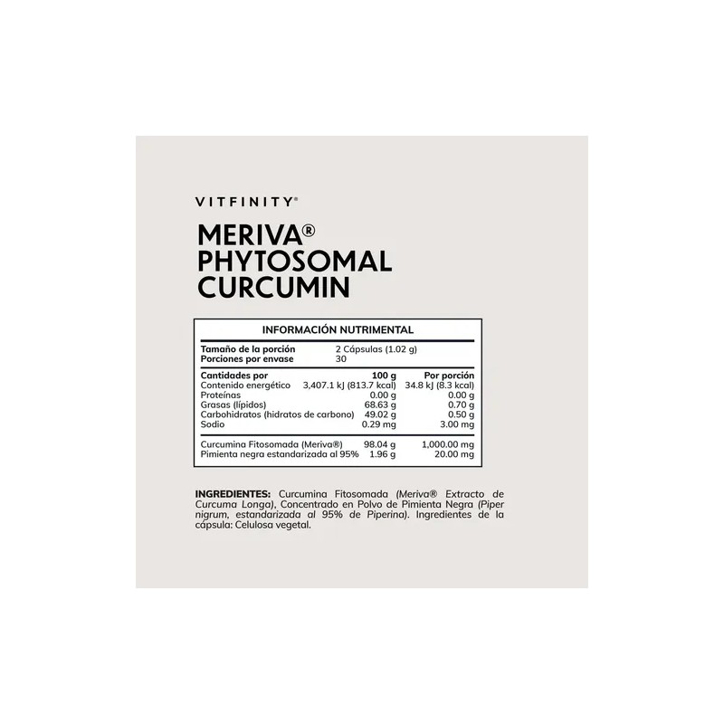 Suplemento de Cúrcuma Vitfinity con Meriva Phytosome y Pimienta Negra
