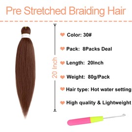 Mscat 20 Inch 8 Packs Pre Stretched Braiding Hair Brown Pre Stretched Braiding Professional Synthetic Prestretched Crochet Braids Hair Extension Hot Water Setting Yaki Texture (30#)
