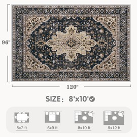 Area Rug 8x10 Vintage Rugs: Large Washable Living Room Rug Retro Medallion Distressed Soft Low Pile Non-Slip Indoor Floor Carpet for Bedroom Kitchen Nursery Dining Office (BeigeBlack, 8'x10')