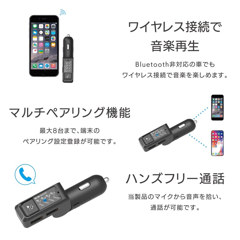 Kashimura Slim & Compact! In-Car Bluetooth FM Transmitter with 4