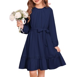 Girls Long Sleeve Fall Winter Dress Midi Flowy Swing Lace-Trimmed Holiday School Formal Party Dress Blue Dress Size 5-6