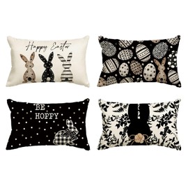 AVOIN colorlife Happy Easter Be Hoppy Rabbit Easter Eggs Black Throw Pillow Covers, 12 x 20 Inch Cushion Case Decoration for Sofa Couch Set of 4
