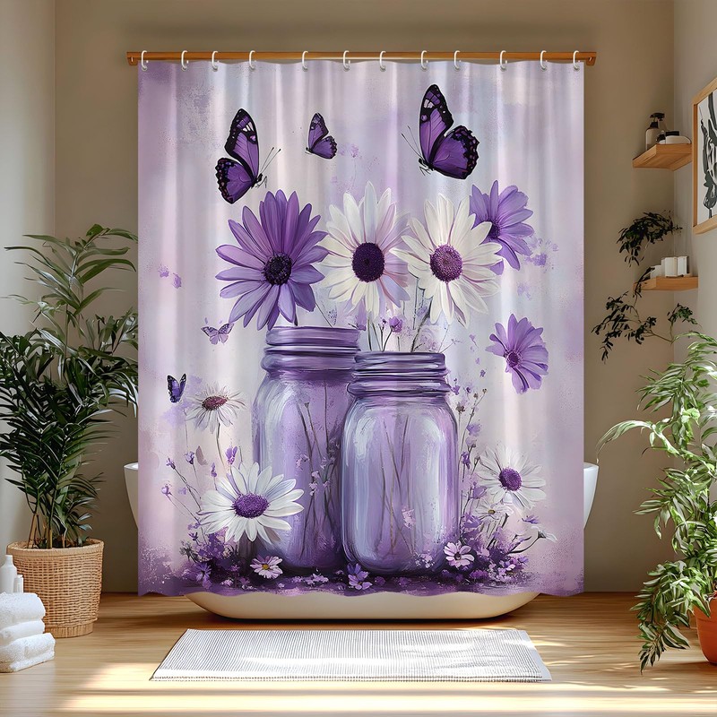 FAXTOZ Rustic Purple Butterfly Daisy Floral Glass Jar Shower Curtain,