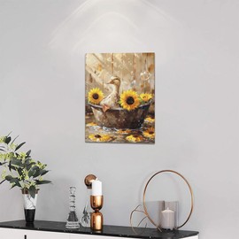 Duck Bathroom Decor Duck Wall Art Sunflower Duck in Bathtub Wall Art Rustic Prints Pictures Bathroom Canvas Painting Modern Decorations Framed Artwork for Bathroom Toilet 12"x16"