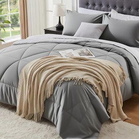 BEDELITE Full Comforter Set 7 Pieces Bed in A Bag - Soft Microfiber Reversible Grey Bed Set with Comforters, Sheets, Pillowcases & Shams, Cozy Luxury Bedding Sets for All Season