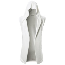 GIVON Mens Sleeveless Hooded Cardigan Lightweight Ruffle Shawl Collar Long Vest Sweater with Hood / DCC046-WHITE-S