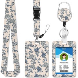 ID Badge Holder with Lanyard, Fashionable Retractable ID Badge Holder Breakaway Lanyard Keychain for Women Nurse Teachers Student Office Gifts, Dark Blue Chic Vintage Flower