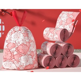 4 Gallon Trash Bags Drawstring, Colorful & Portable Small Trash Bags with Chinese Plum Blossom Printed, Tear-Resistant Garbage Bags 4 Gallon for Bathroom Office Trash Cans, 30 Counts 1.5 Liter