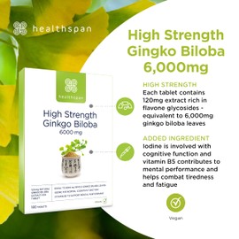 Healthspan Ginkgo Biloba Cognitive Support 6,000mg | 6000mg Ginkgo Biloba Leaves | Added Iodine and Vitamin B5 | Reduces Tiredness & Fatigue | Vegan