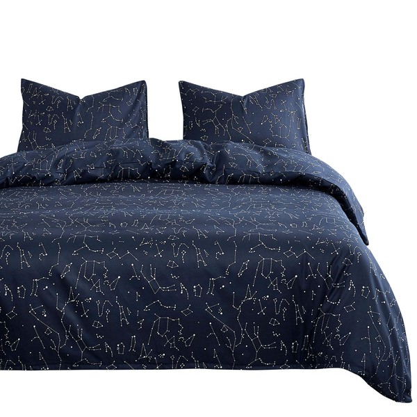 Wake In Cloud - Constellation Comforter Set, Navy Blue with White Space Stars Pattern Printed, Soft Microfiber Bedding (3pcs, Twin Size)